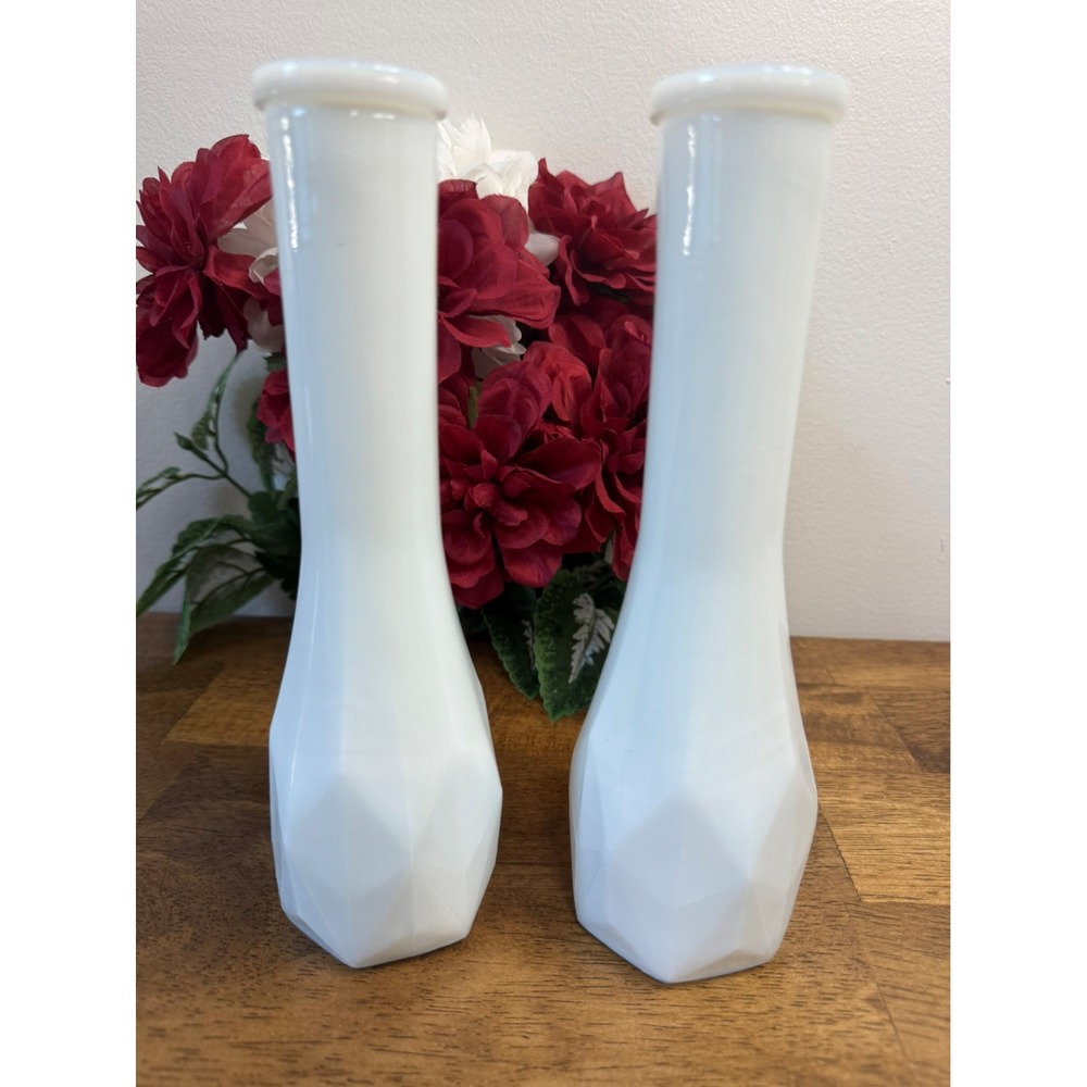 Vintage E.O. Brody‎ Co. Milk Glass Gem Cut Vases White Faceted MCM Wedding Decor